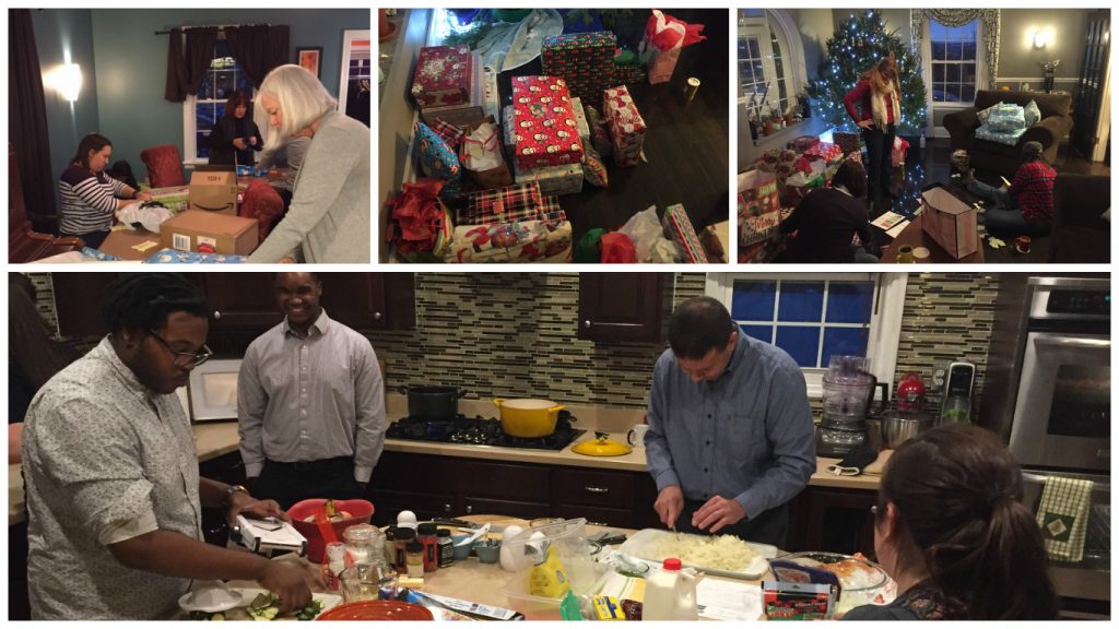 Collage of wrapping and cooking party