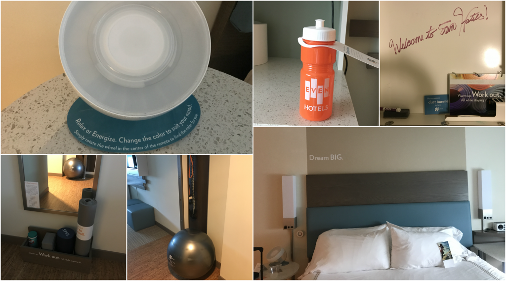 Wellness Amenities in the Even Hotel (yoga mat, water bottle, mood lighting, exercise ball)