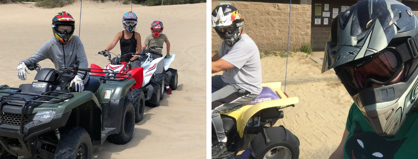 Collage of groups of people four wheeling on sand dunes