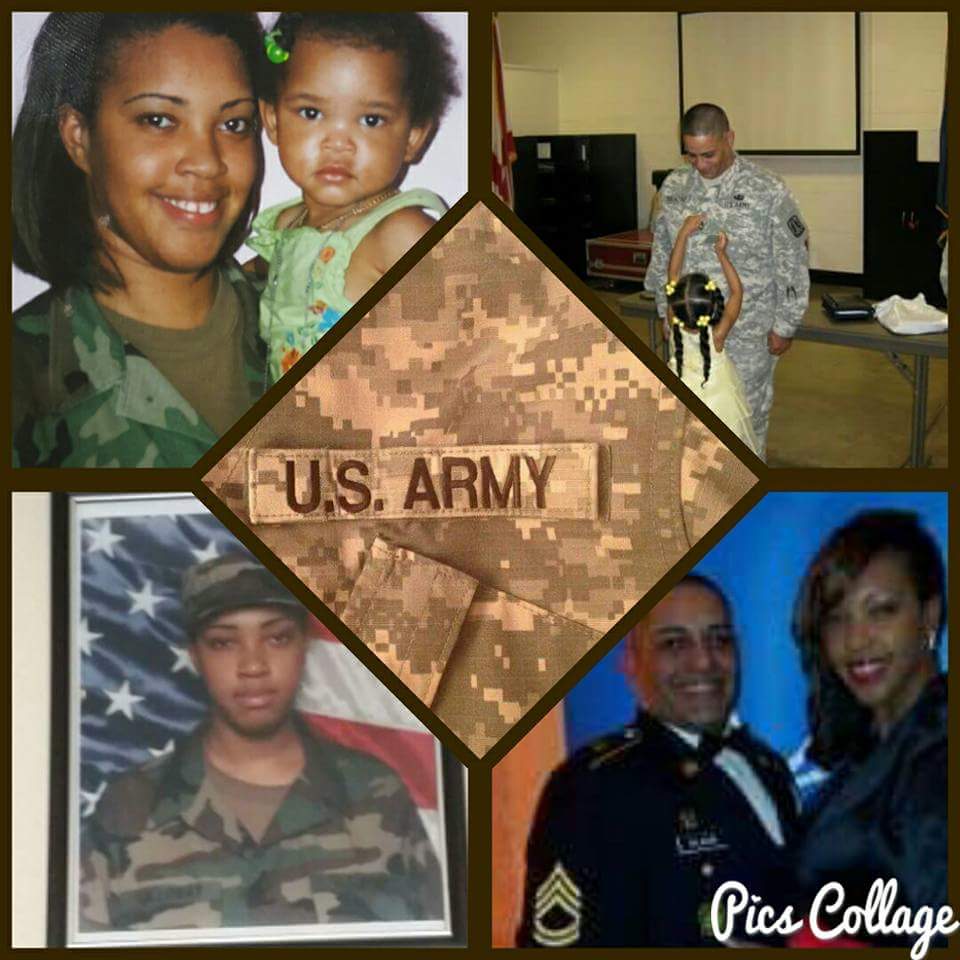 Collage of photos of Qwynn and her husband in the Army