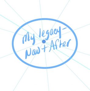 Circle with spokes coming out of it. In the middle of the circle the phrase "my legacy-now + after" is written