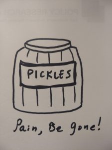 Drawing of Pickles with Caption: Pain Be Gone!