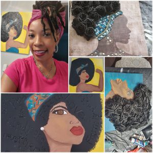 Dazara with her paintings, highlighting Black women wearing natural hairstyles