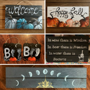 Collage of Emily's hand-painted signs, which say "Welcome," "Happy Fall," and similar decorative messages