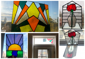 Collage of Julie's colorful stained glass pieces